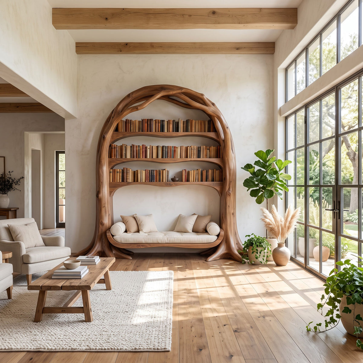 Solid timber reading nook combining sculptural shelving and a curved daybed base