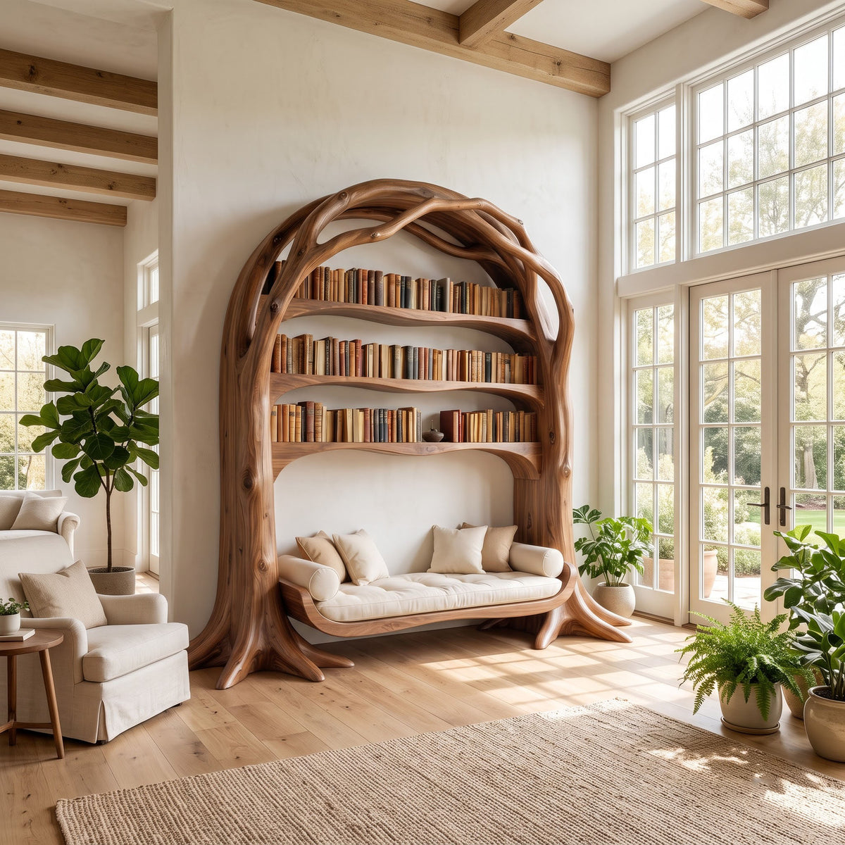 Organic tree arch bookshelf with integrated daybed in a minimalist home interior
