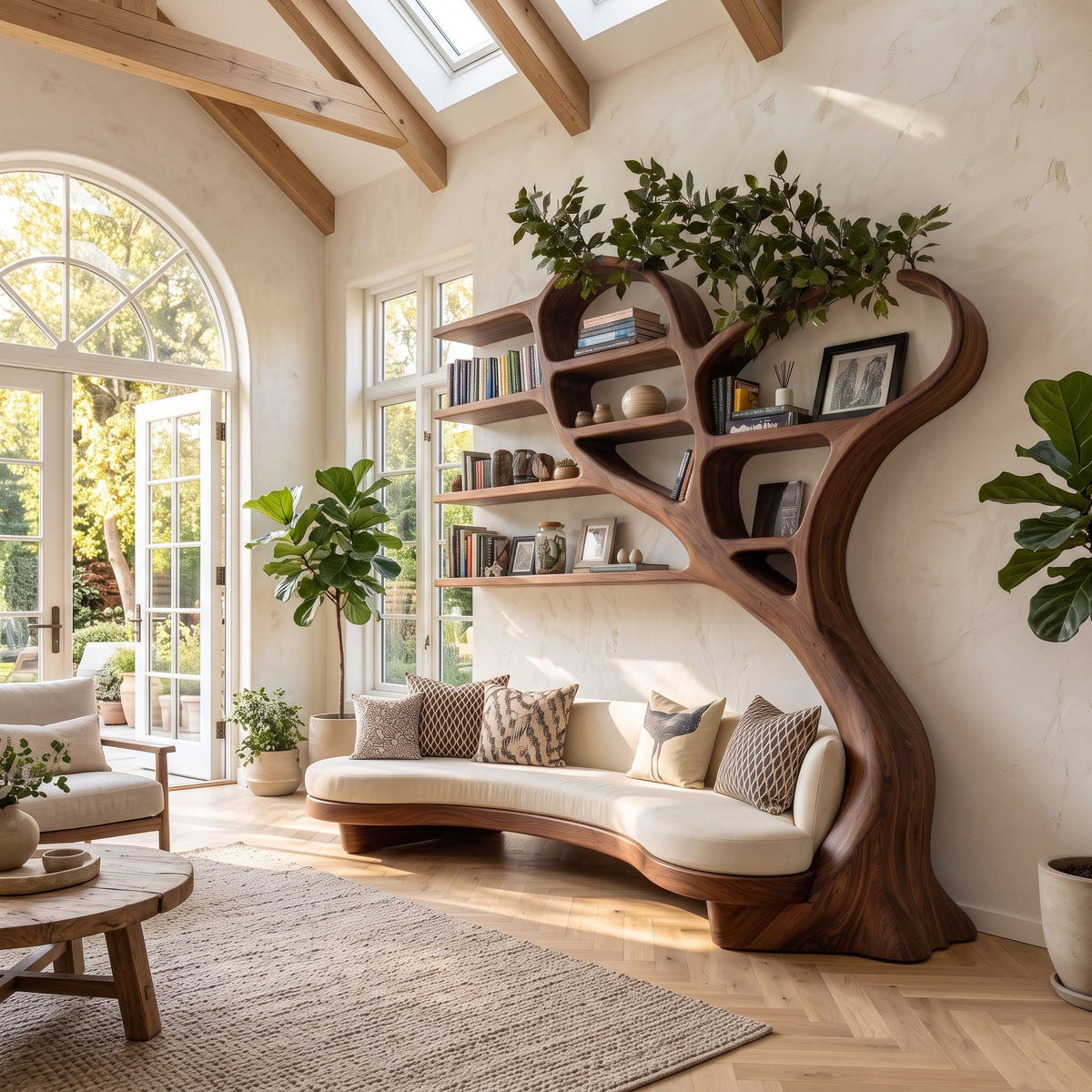 Sculpted tree bookshelf and curved daybed base styled in a contemporary living room