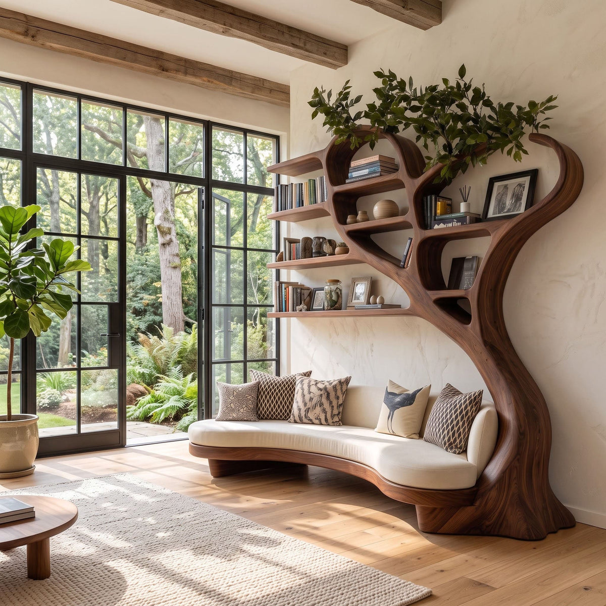 Genuine timber bookshelf integrated with a curved daybed in a cozy reading nook