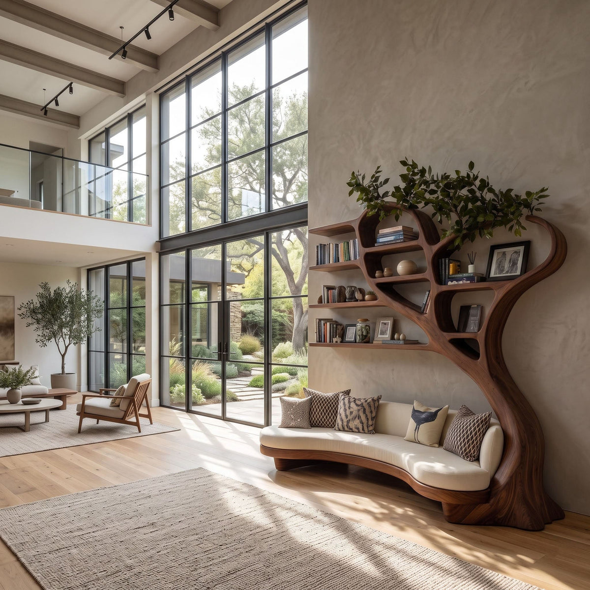 - Organic solid wood bookshelf and curved daybed creating a statement feature in an elegant living room