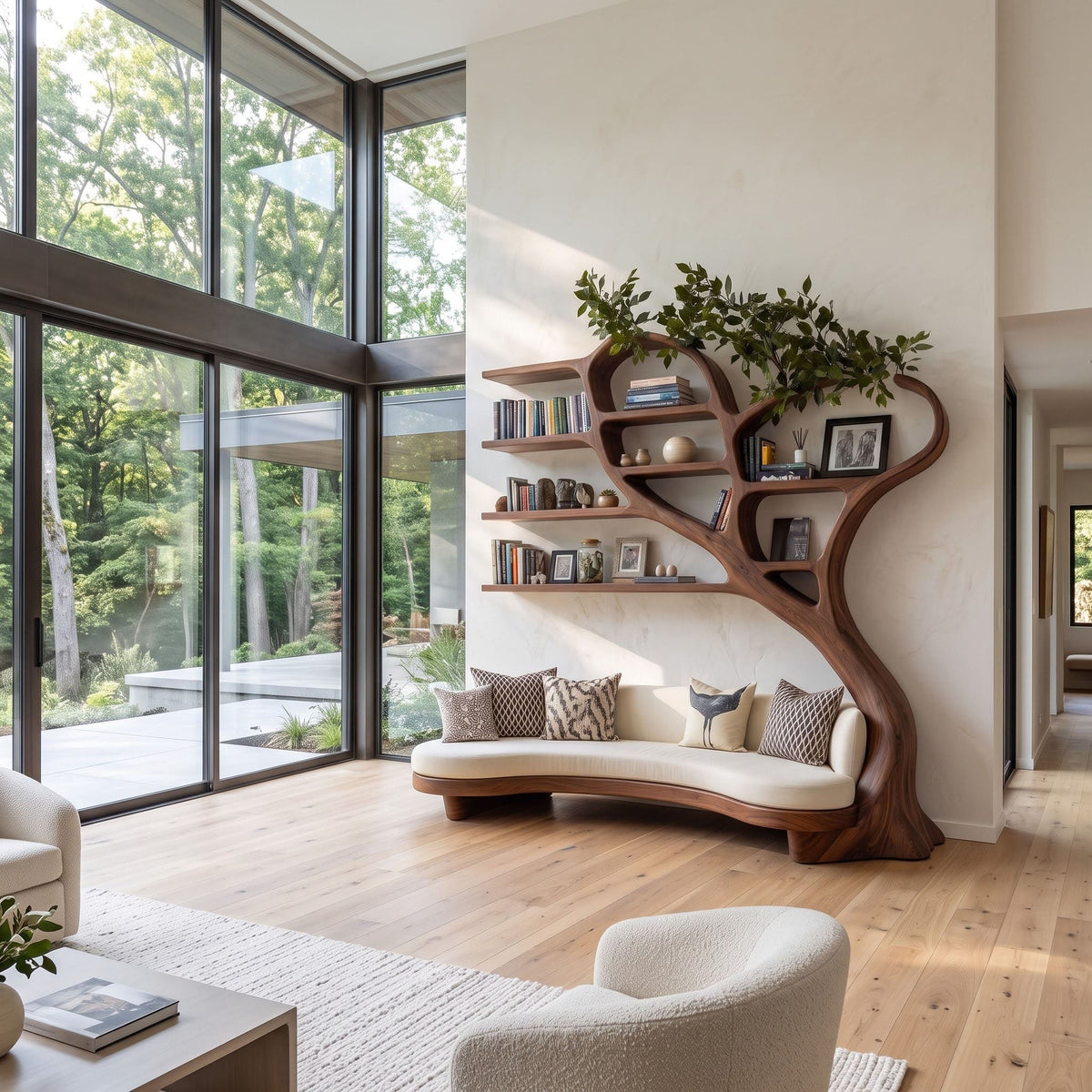 Sculptural timber bookcase and lounge daybed combination in a peaceful reading space