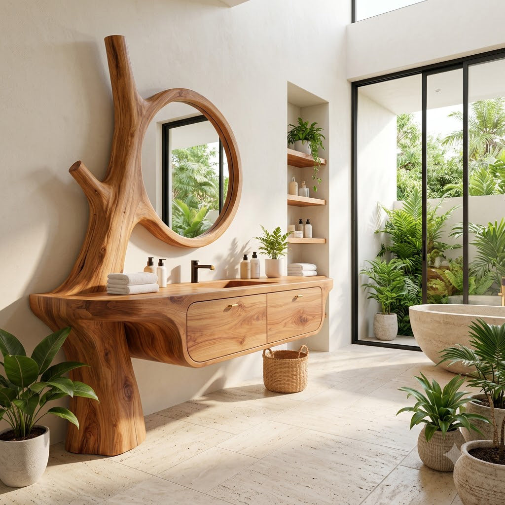 Sculpted tree trunk bathroom vanity in solid wood