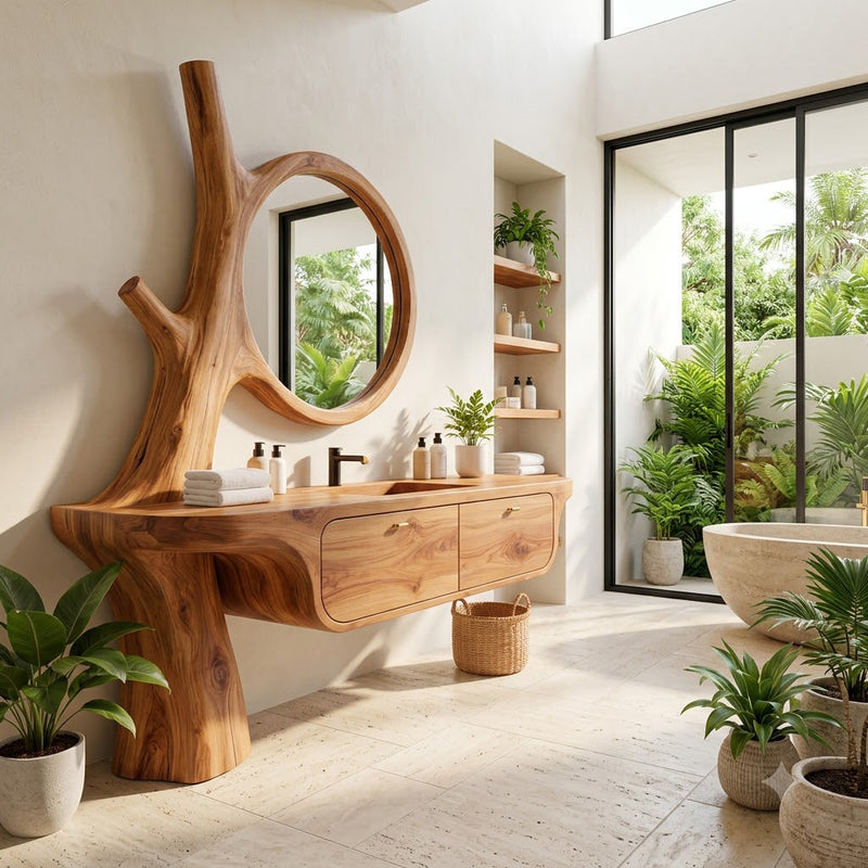 Sculpted tree trunk bathroom vanity in solid wood