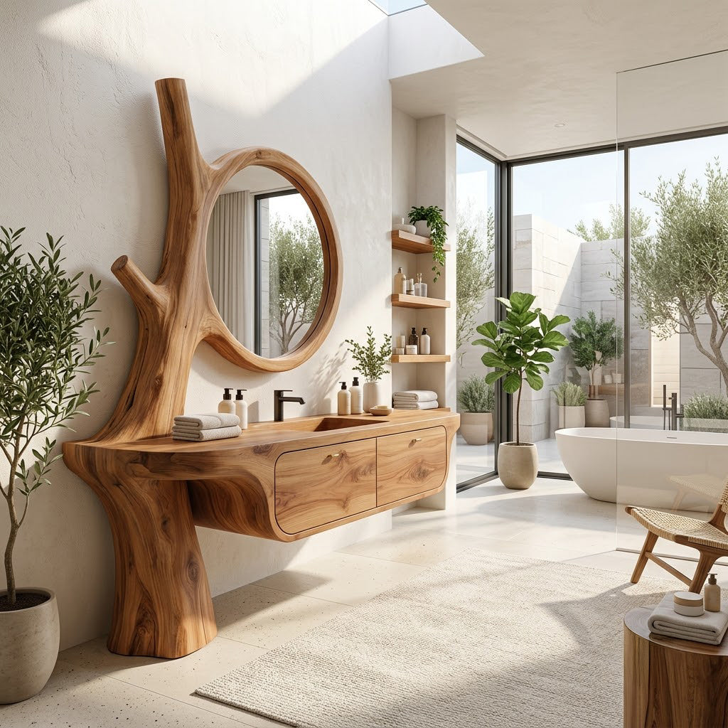 Sculpted tree trunk solid wood bathroom vanity in a contemporary bathroom