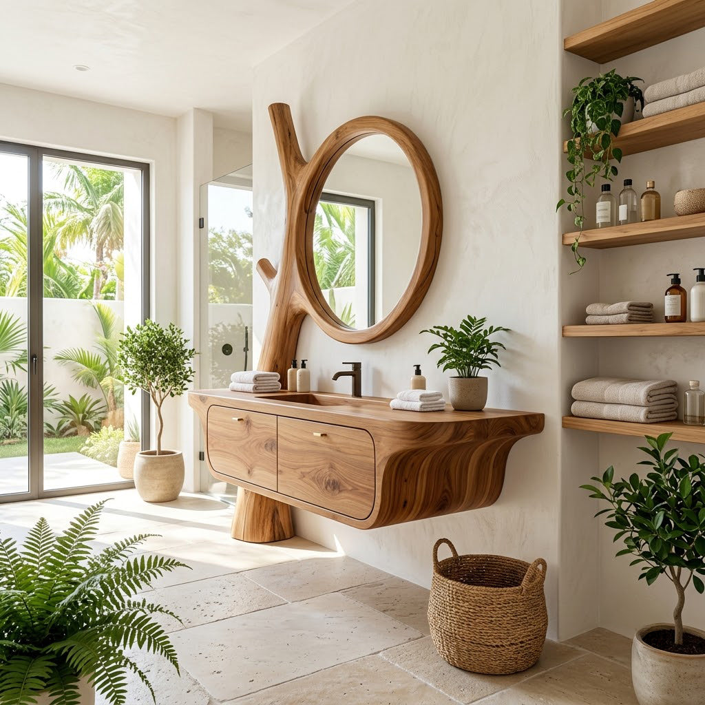 Organic solid wood tree trunk vanity with dual drawers in a minimalist bathroom