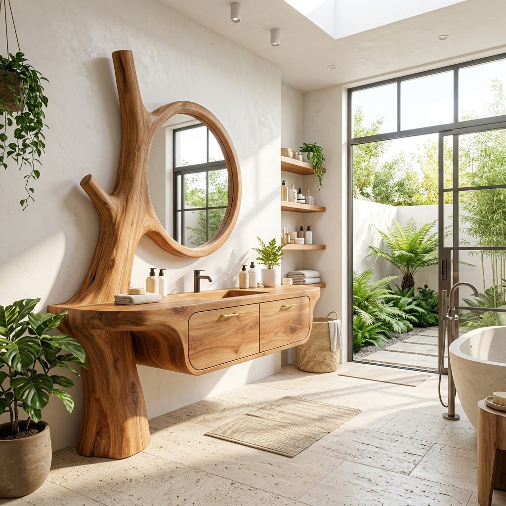 Sculptural solid wood vanity enhancing a contemporary bathroom space