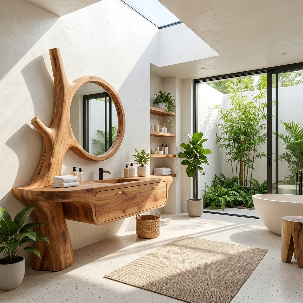 Sculpted tree trunk vanity with integrated mirror featured in a sophisticated modern bathroom