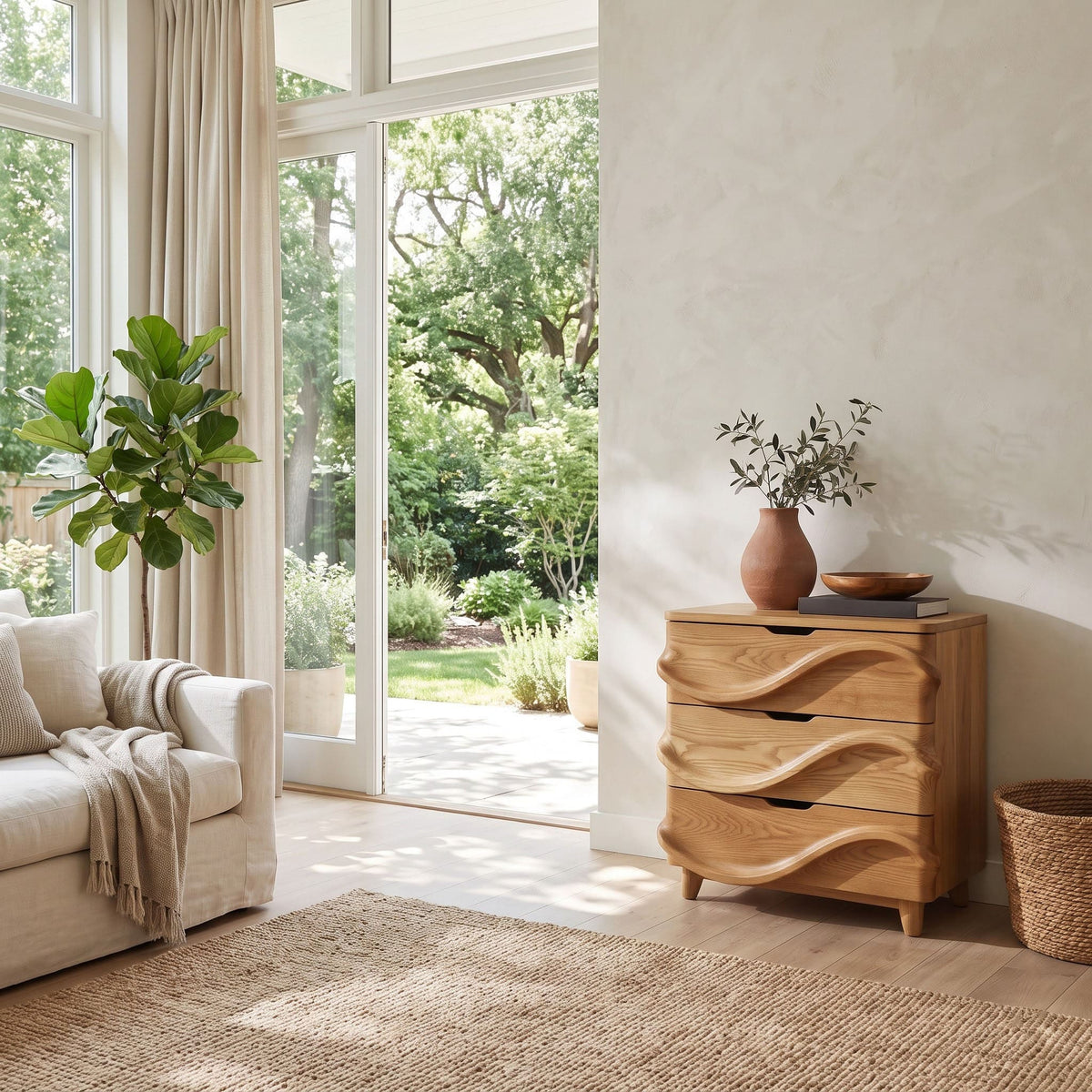 Three drawer wooden storage chest styled with decorative accents in a cozy living space