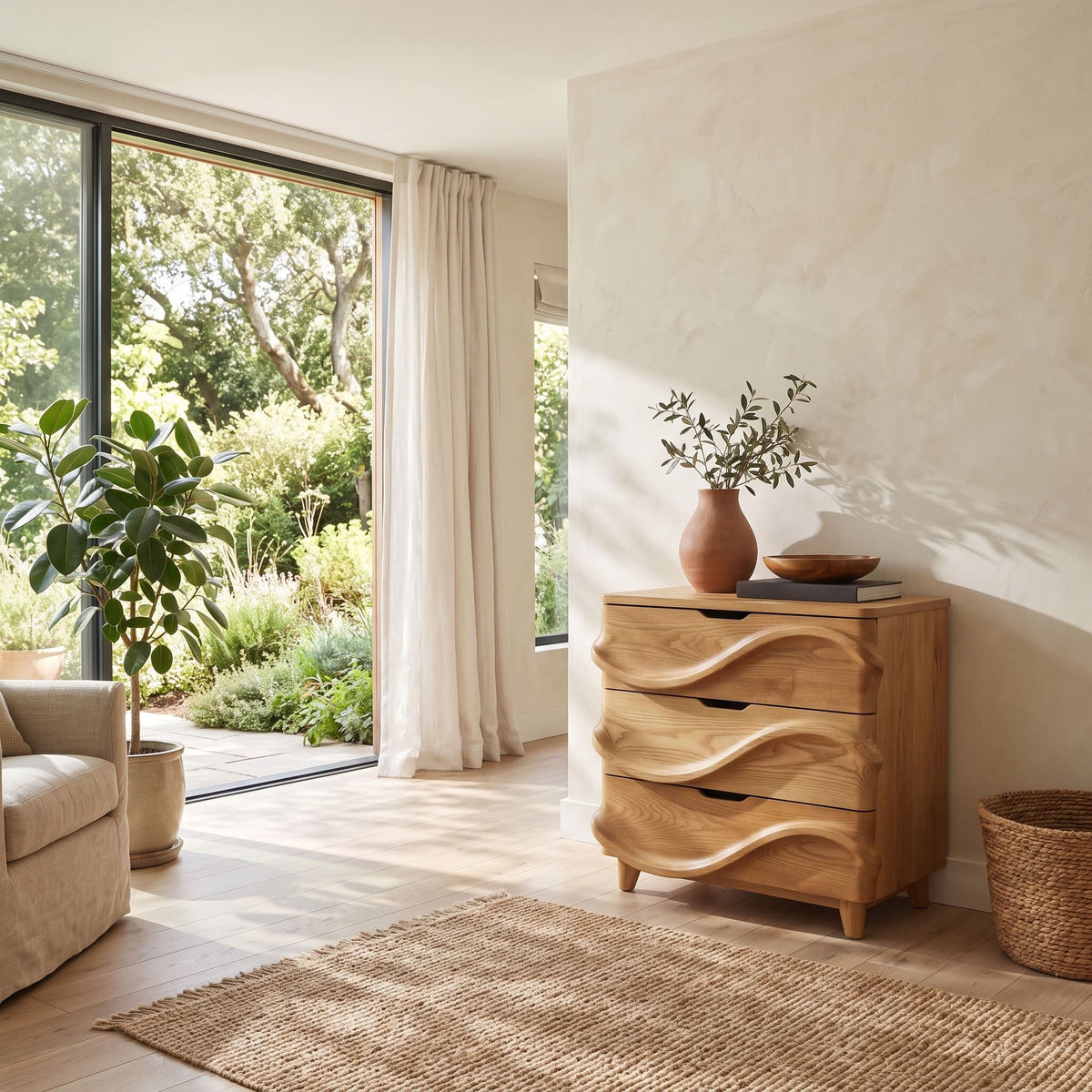 Sculptural wave accent cabinet with integrated drawers in a modern home interior