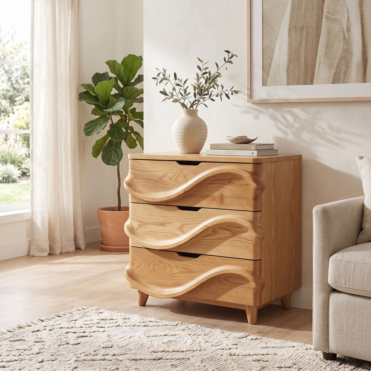 Sculpted wave solid wood storage cabinet styled in a contemporary living room