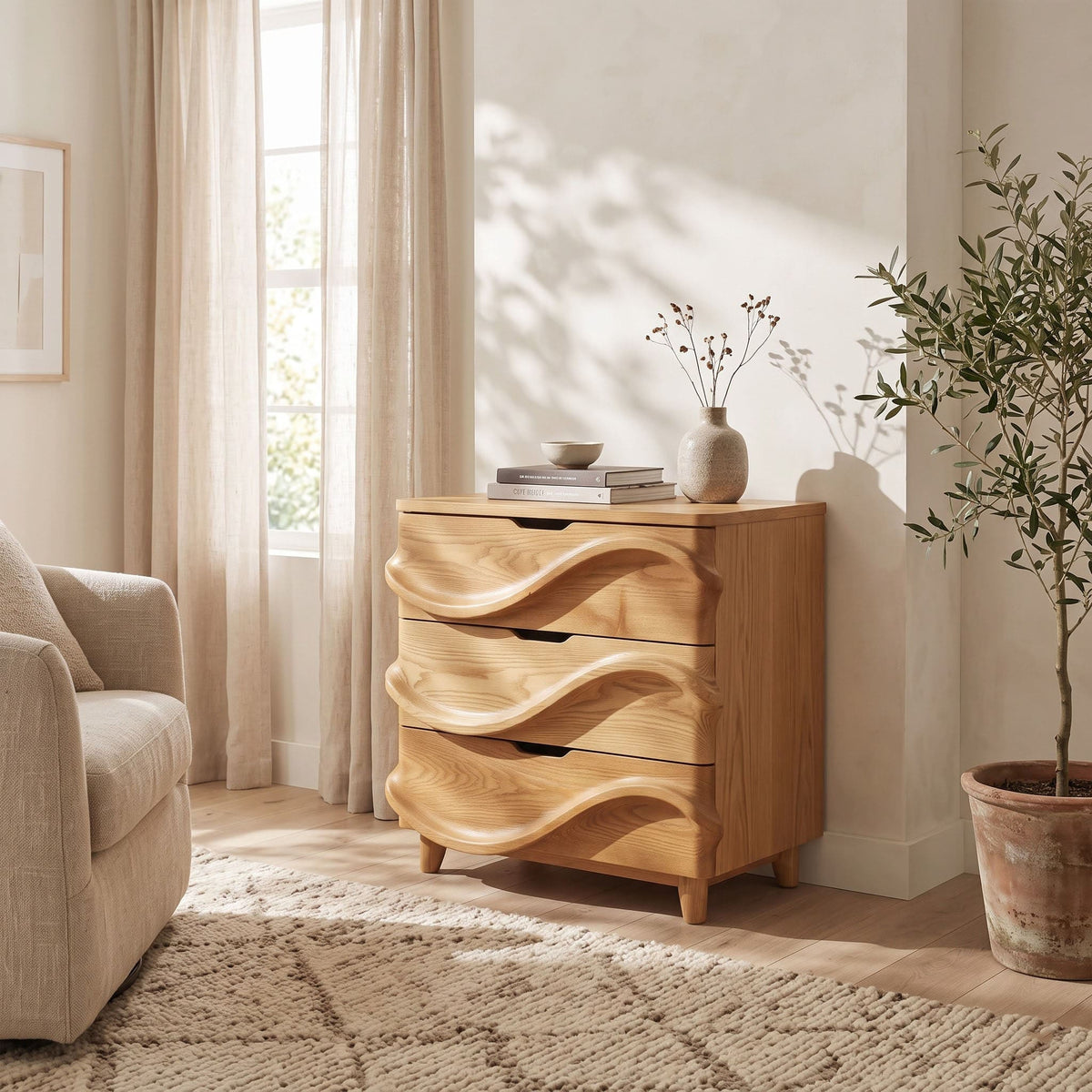 Natural wooden three drawer chest displayed in a minimalist bedroom