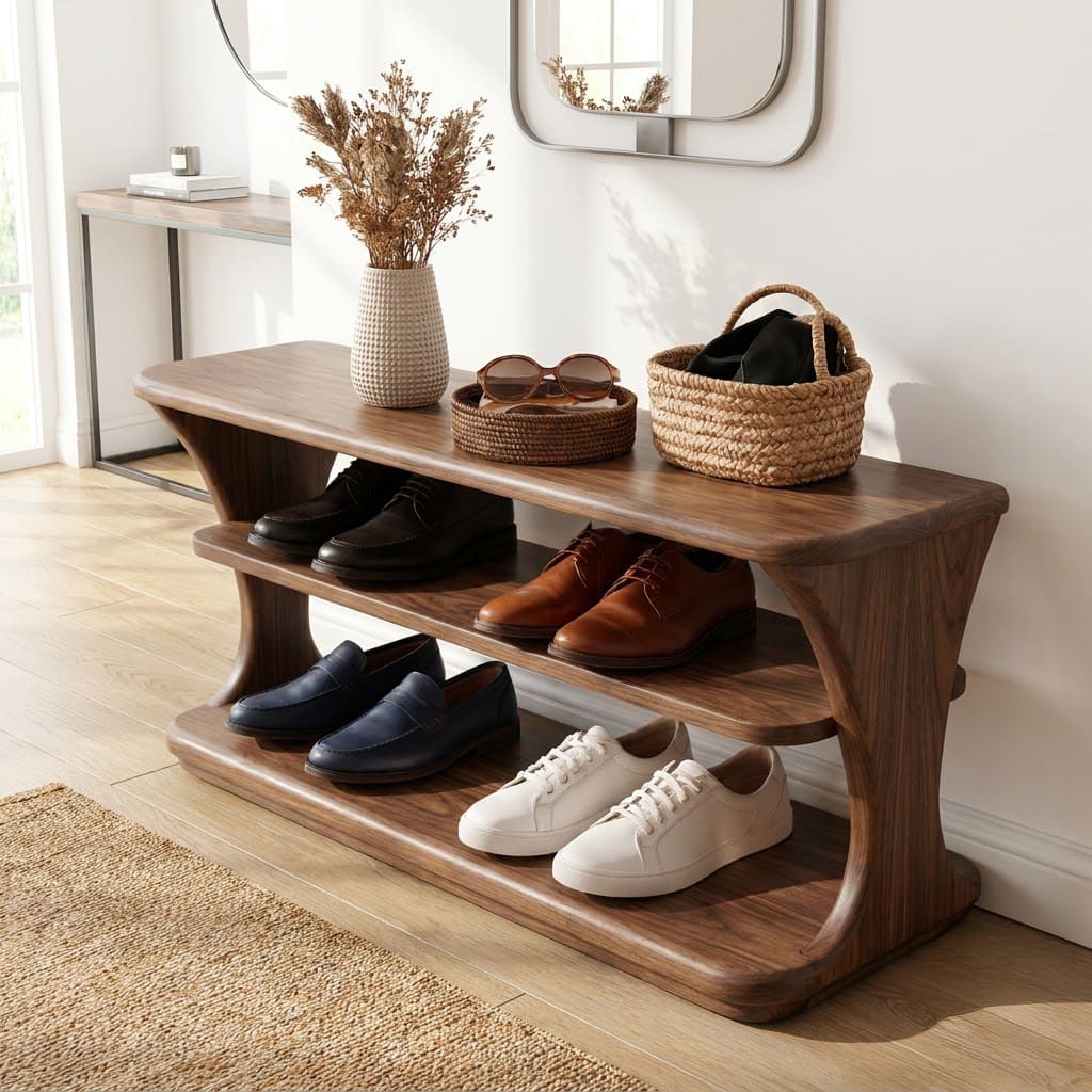 Sculptural 3-tier solid wood entryway shoe bench with curved storage shelves for modern entryways