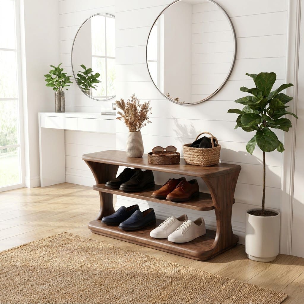 Curved solid wood entryway shoe bench with three-tier storage rack for organized home interiors