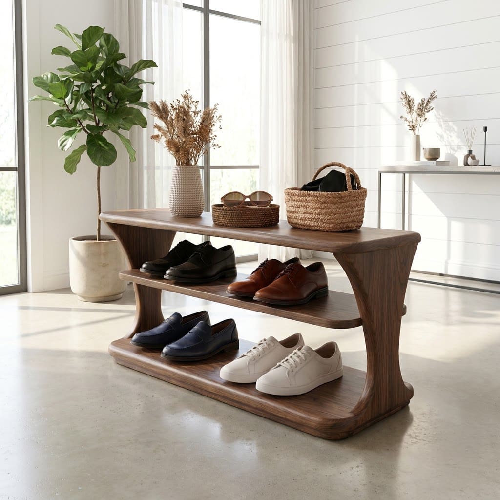 Modern solid wood shoe bench with a sculptural curved design and three-tier storage for stylish entryways