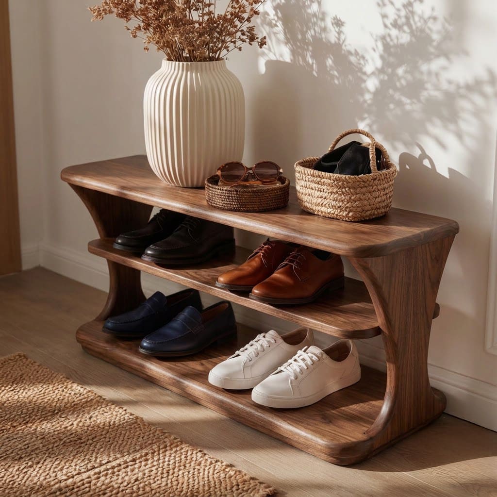Sculptural solid wood entryway bench with curved storage shelves for contemporary home spaces