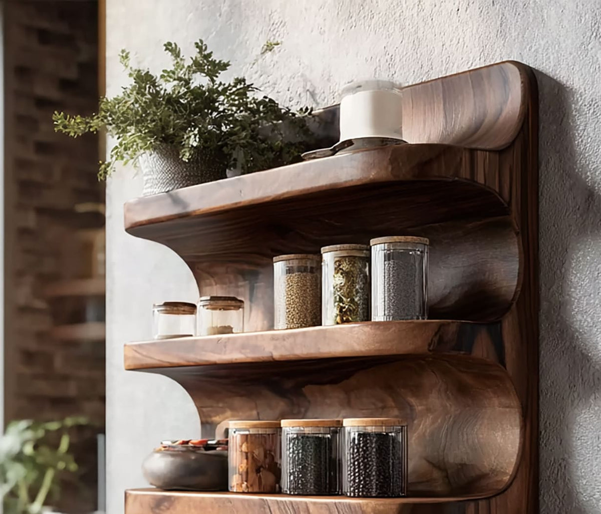Handcrafted 4-tier solid wood kitchen shelf featuring an organic sculptural silhouette