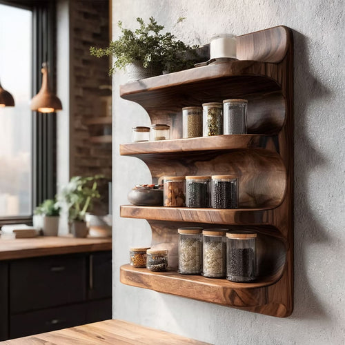 Sculptural 4-Tier Solid Wood Wall Kitchen Shelf – Handcrafted Organic Spice Rack Floating Display