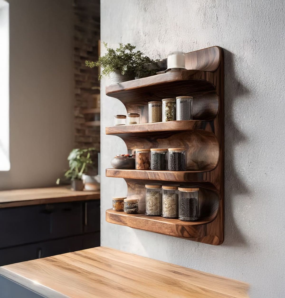 Sculptural 4-tier solid wood kitchen shelf displaying spices and cookware in a modern kitchen