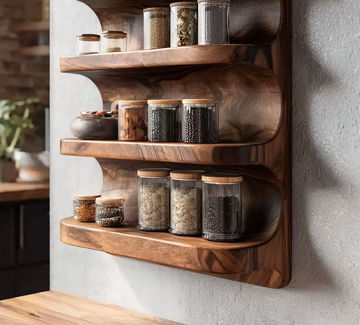 Floating spice rack crafted from premium solid wood with natural grain details