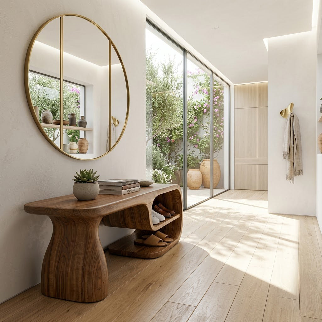 Asymmetric solid wood shoe bench with built-in storage for stylish contemporary entryway interiors