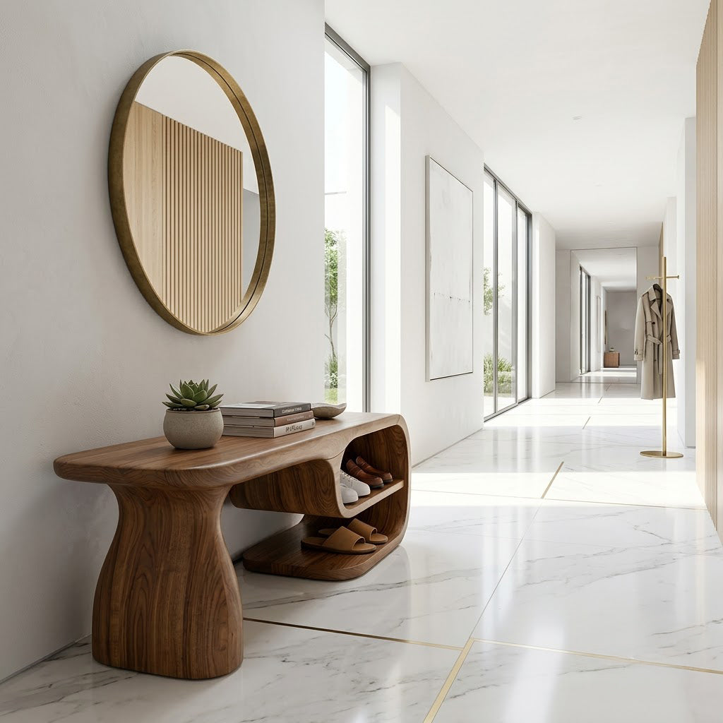 Sculptural solid wood entryway bench with an asymmetric design and storage for organized home spaces