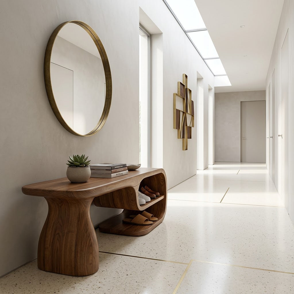 Modern solid wood shoe bench with asymmetric sculptural form and integrated storage for elegant entryways