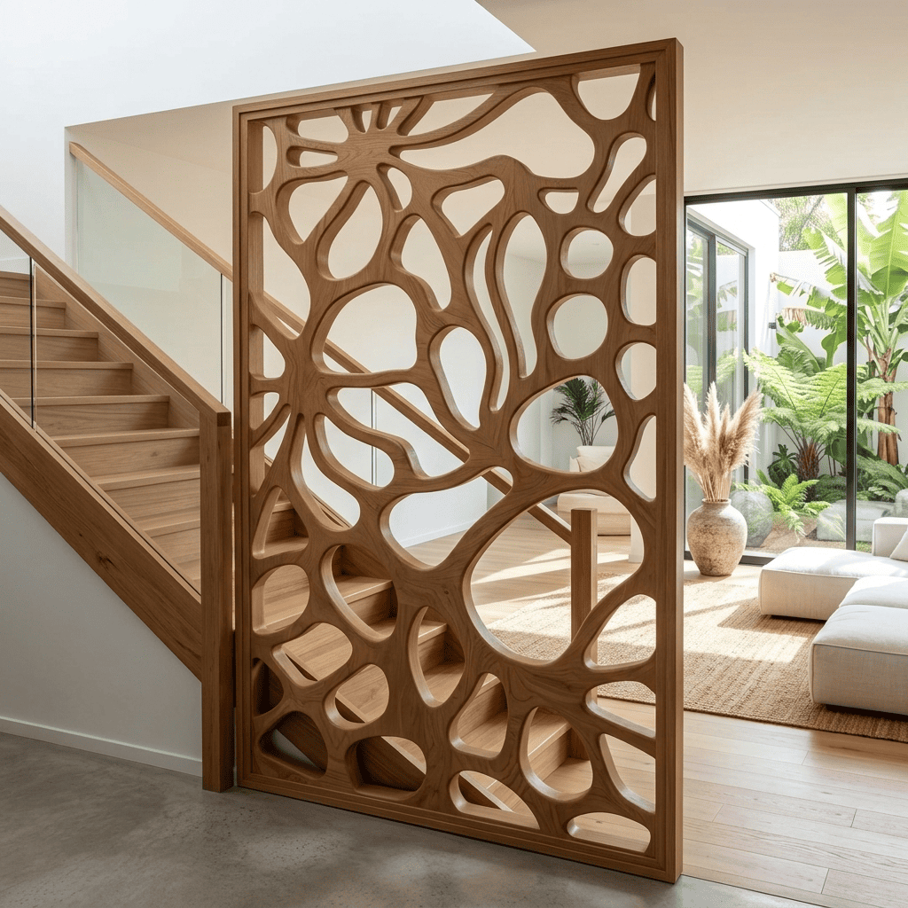 Sculptural biophilic room divider screen in solid wood