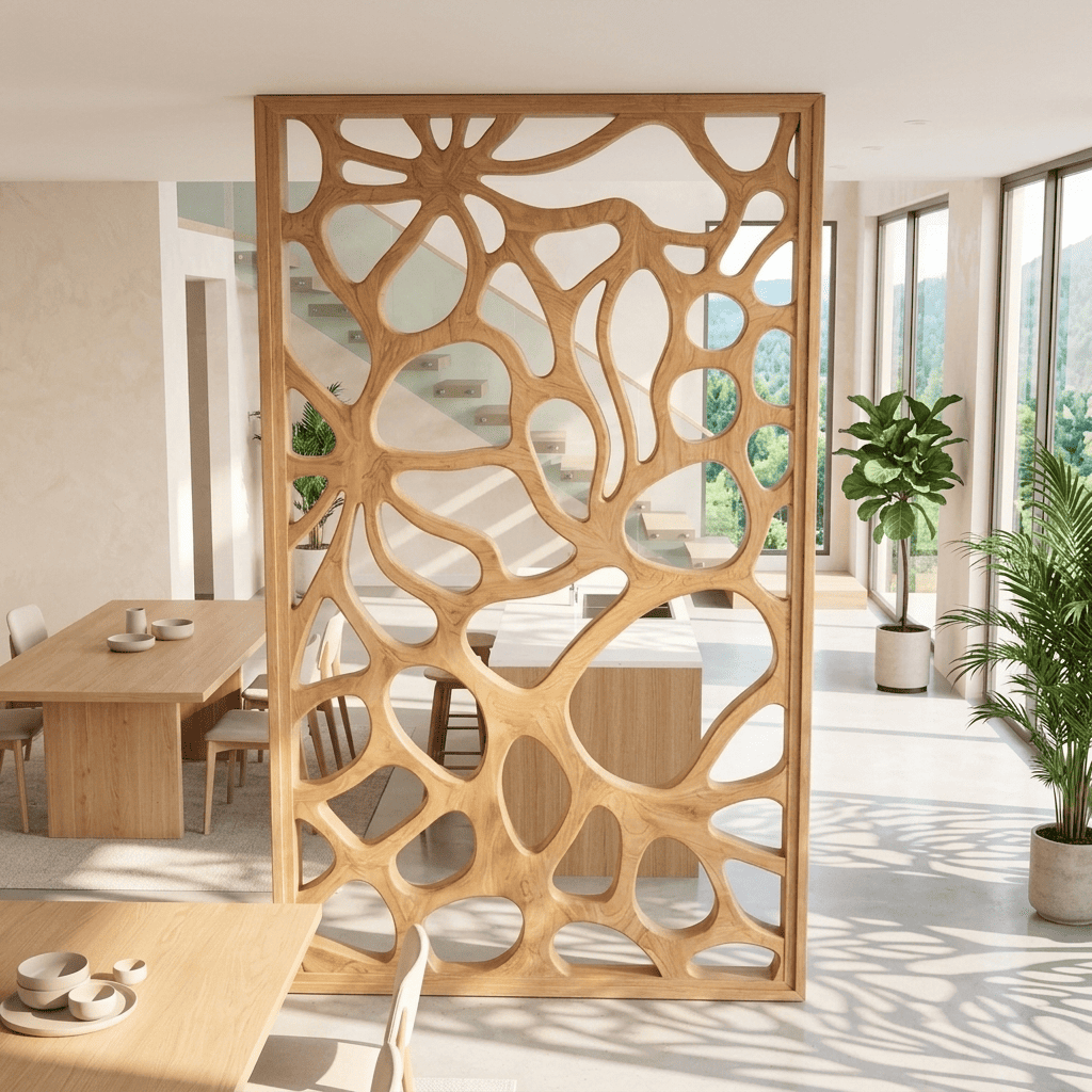 Sculptural solid wood room divider screen styled in an open-concept living room