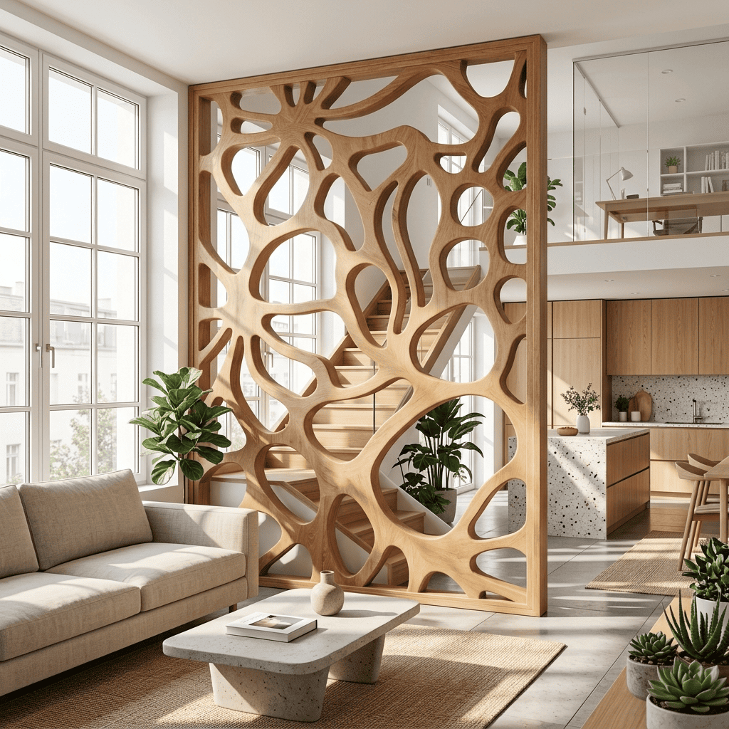 Biophilic solid wood staircase partition panel for a modern living room