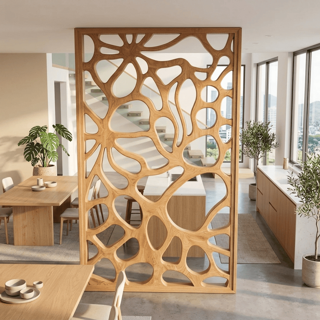 Modern organic solid wood room divider screen separating a cozy studio workspace
