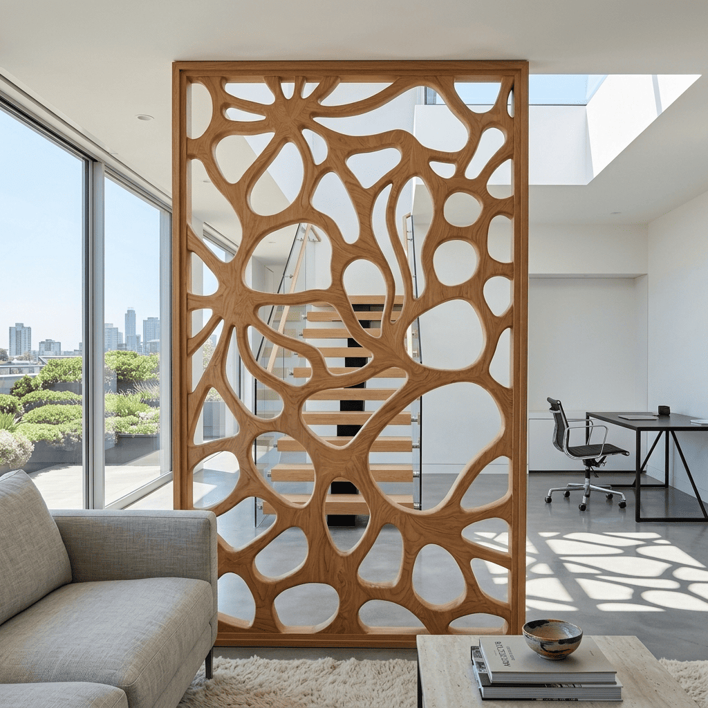 Organic solid wood partition panel creating a private corner in a luxury master living room