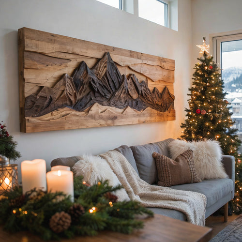 Sculptural Carved Mountain Landscape Solid Wood Wall Art