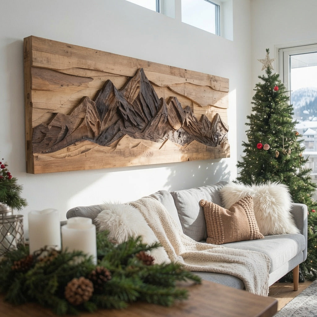 Sculptural Carved Mountain Landscape Solid Wood Wall Art