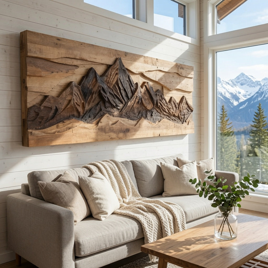 Sculptural Carved Mountain Landscape Solid Wood Wall Art