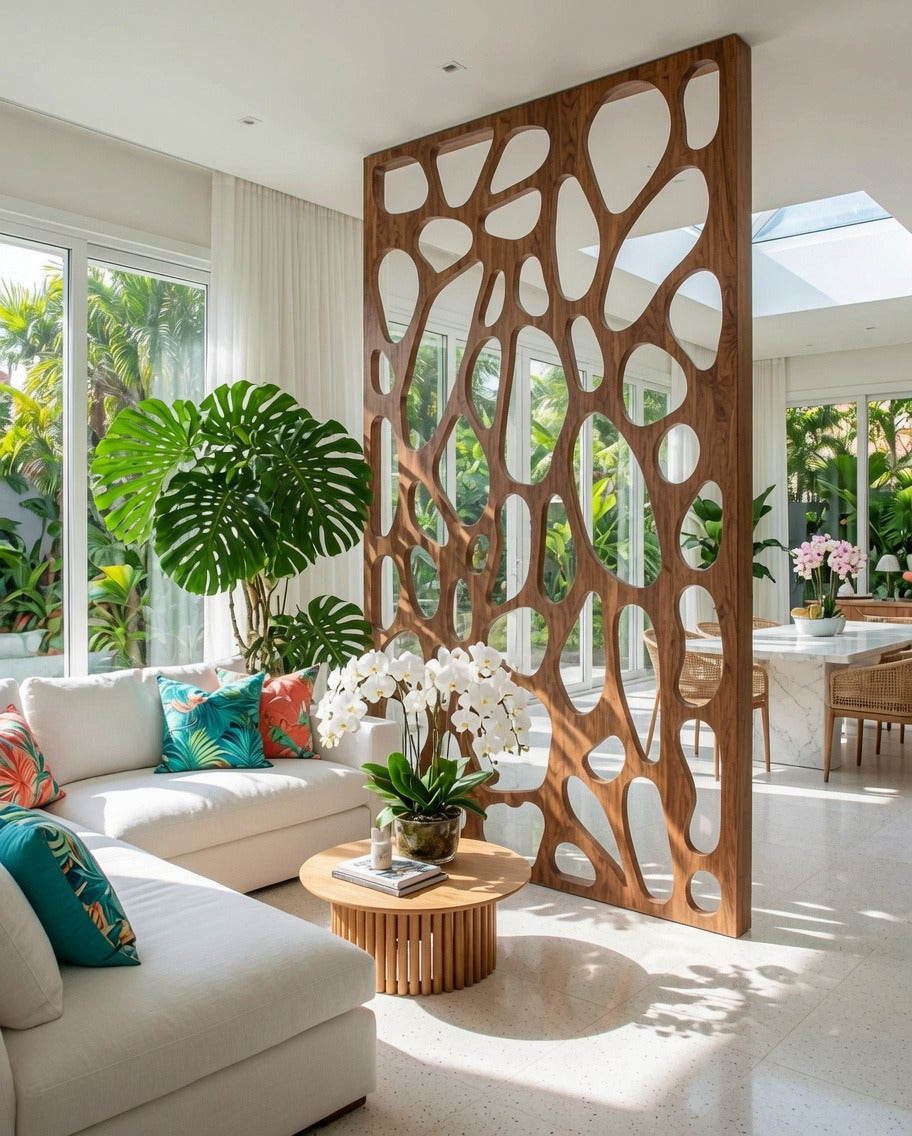 Contemporary organic wood divider enhancing a stylish dining area