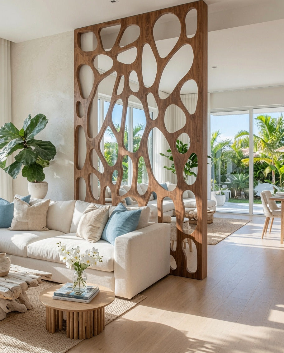 Modern carved wooden room divider crafted from solid wood
