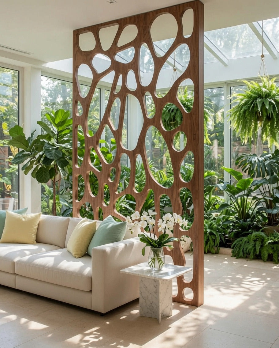 Organic carved wooden screen divider separating an open living space