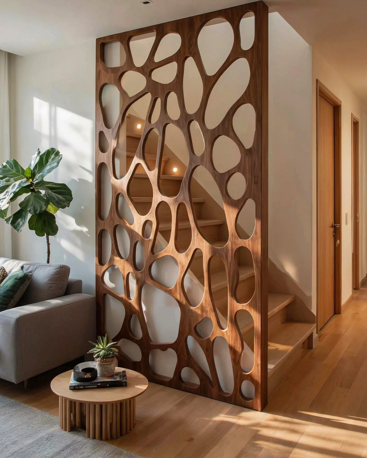 Contemporary carved room divider in an elegant entryway