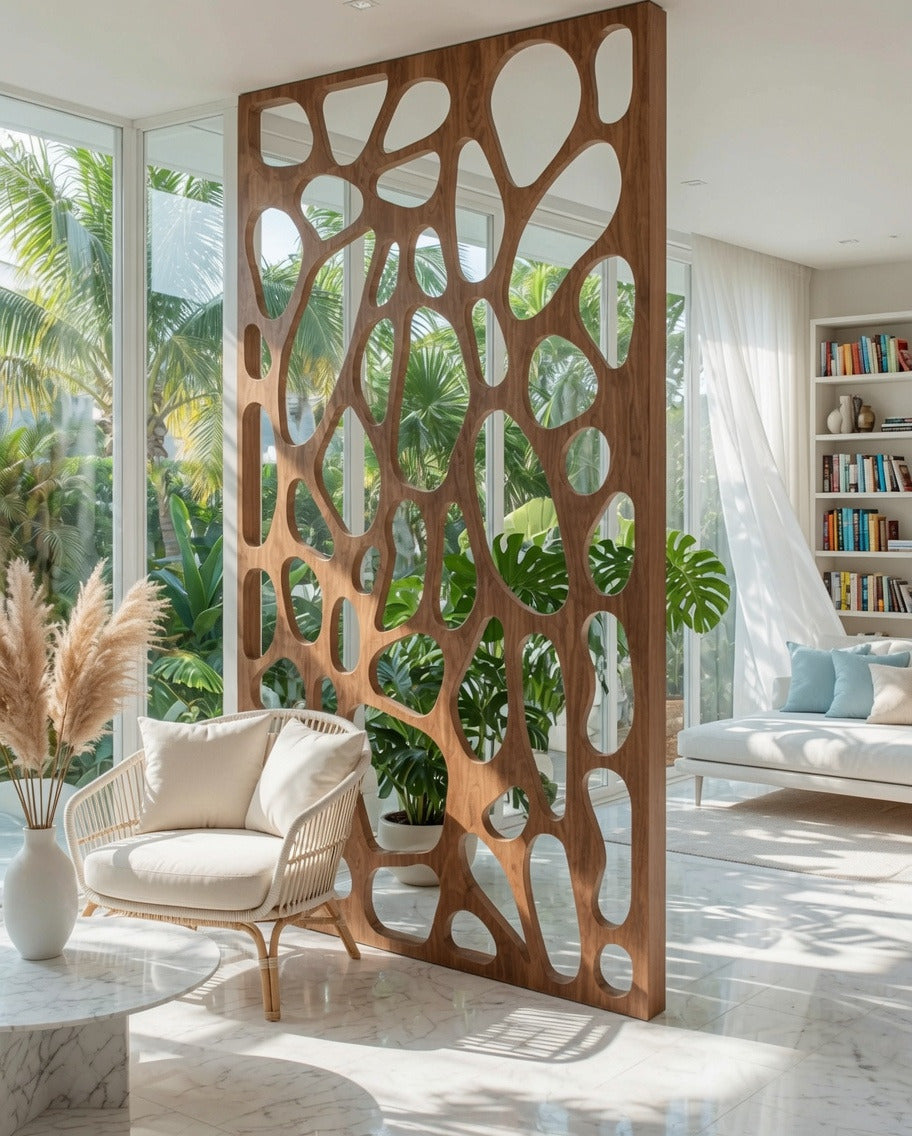 Japandi carved wooden room divider creating a cozy reading nook