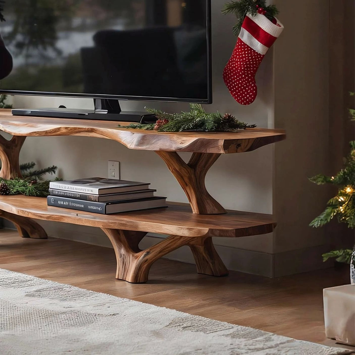 Handcrafted sculptural wooden TV console