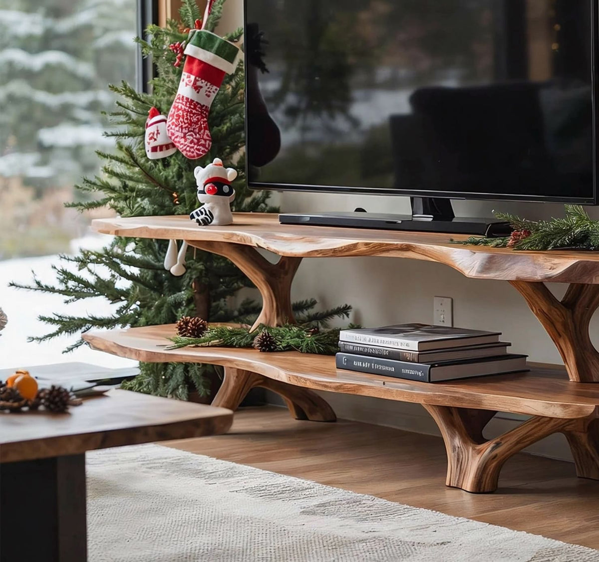 Solid wood live-edge TV stand with Christmas tree design