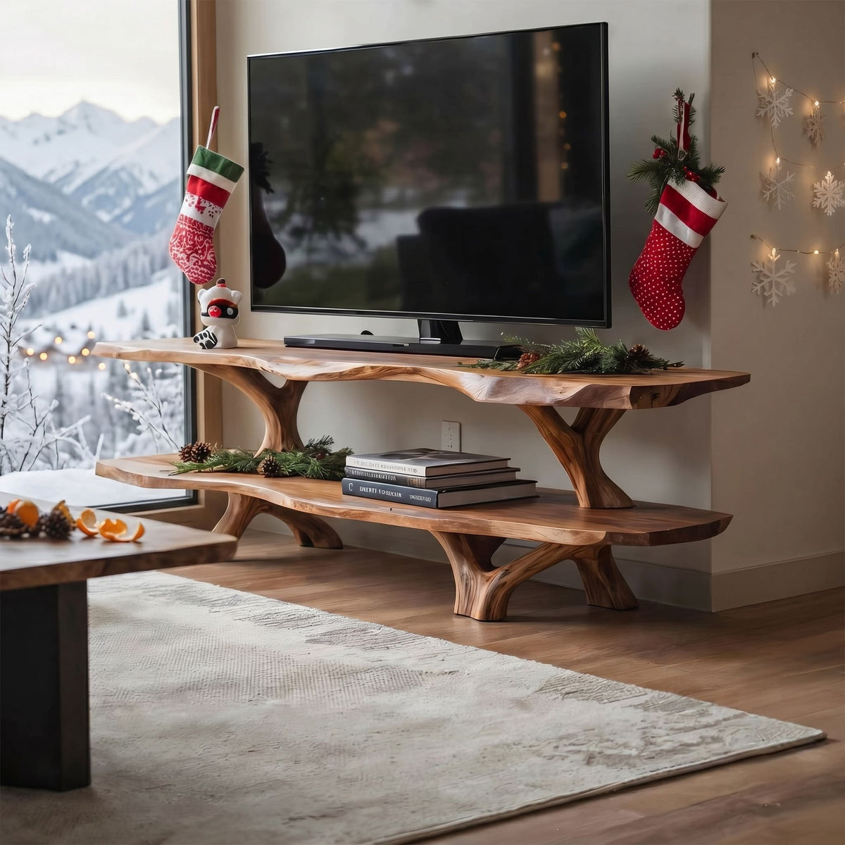 Sculptural solid wood live-edge TV stand in a modern living room