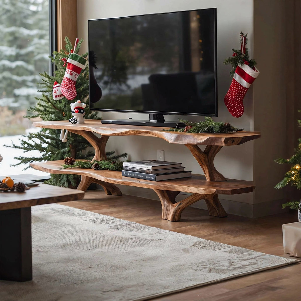 Artistic solid wood TV cabinet enhancing a minimalist living room