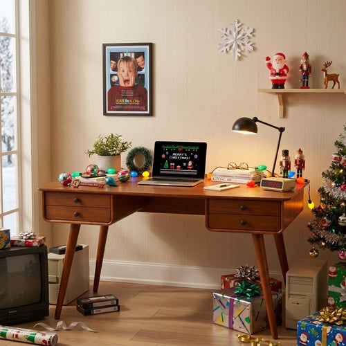 Sculptural Christmas Solid Wood Writing Desk with 4 Drawers