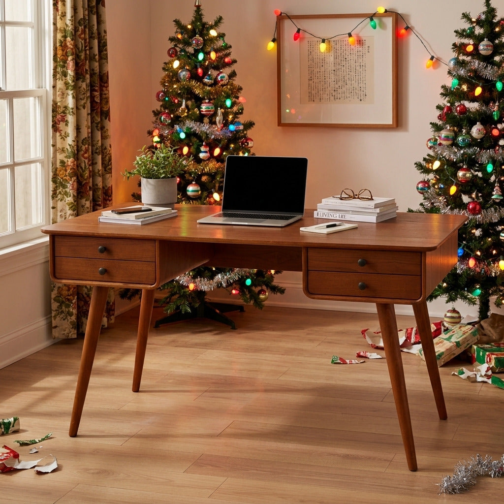 Sculptural Christmas Solid Wood Writing Desk with 4 Drawers
