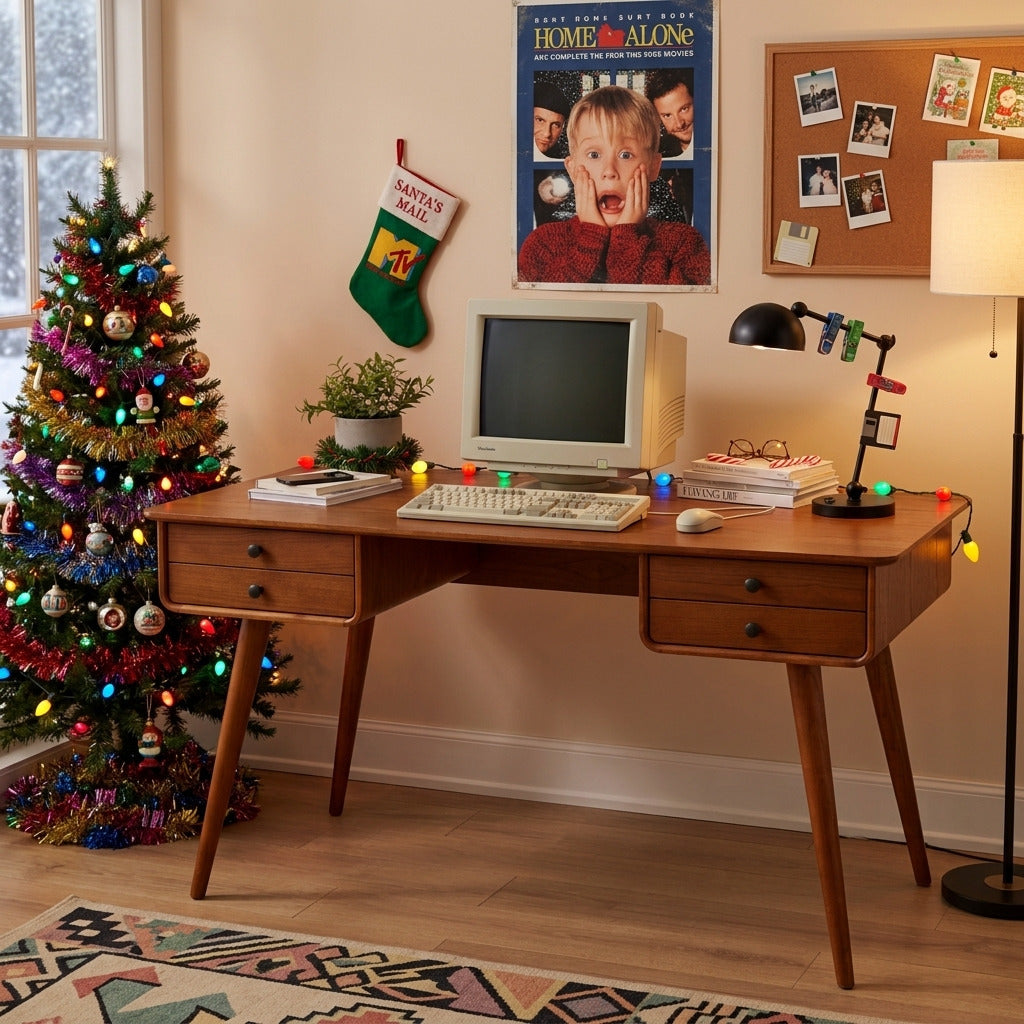 Sculptural Christmas Solid Wood Writing Desk with 4 Drawers