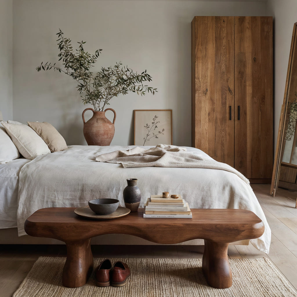 Sculptural chunky solid wood accent bench with a low-profile design for modern bedrooms