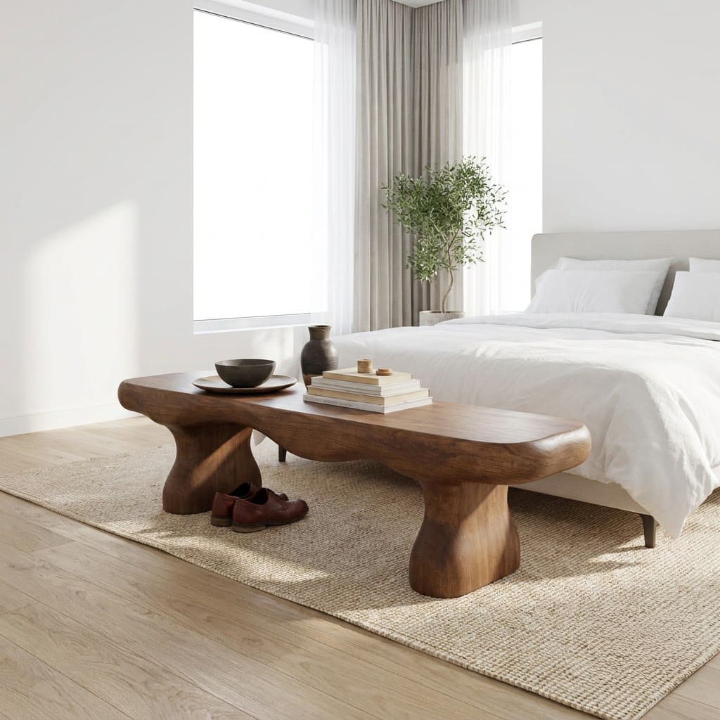 Chunky solid wood bed-end accent bench with a sculptural form for contemporary bedroom interiors
