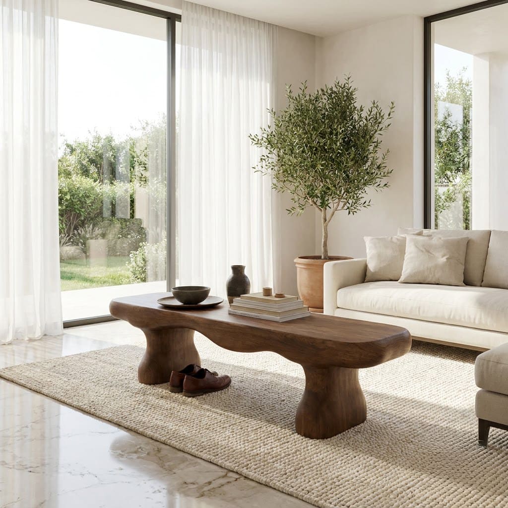 Sculptural solid wood low table and accent bench for stylish modern living spaces